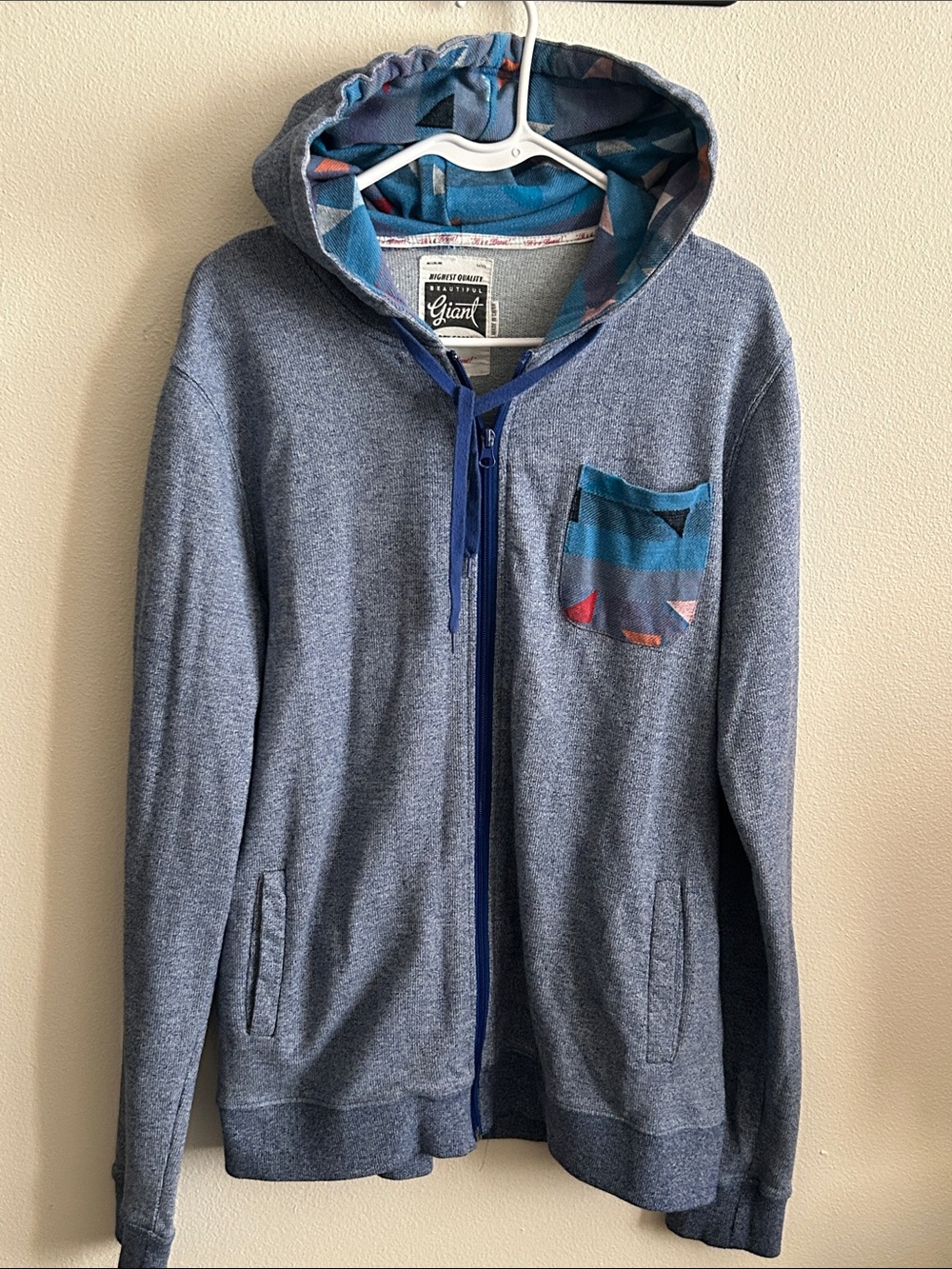 Beautiful Giant Men M Blue Marled Geometric Pkt Knit Full Zip Sweatshirt Hoodie